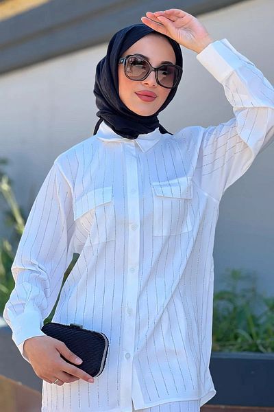 julude Πέτρινο Σατέν Πουκάμισο & Παντελόνι - Σετ Hijab με διπλή τσέπη