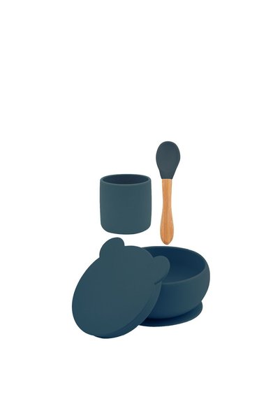 OiOi Mama Kaşığı Deep Blue / Powder Grey & Kapaklı Kase & Mini Bardak