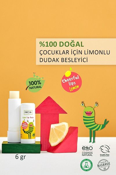 Incia %100 Doğal Kids Dudak Besleyici Limon Bitkisel Nemlendirici Dudak Bakım Kremi 6 G