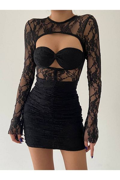Afiş Butik Black Transparent Lace Detailed Low-cut Dress