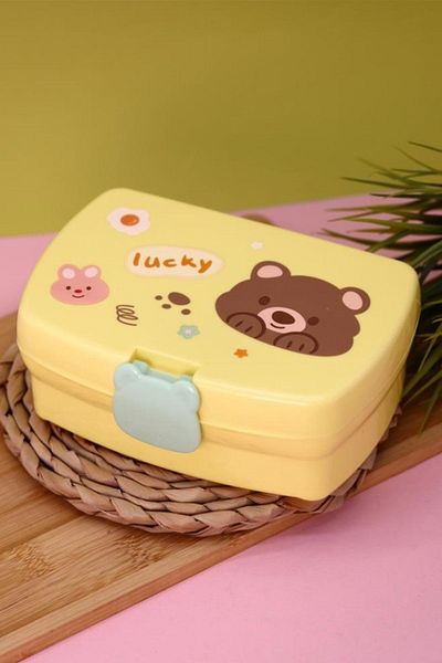 Ecrou 700 ml Yellow Lucky Bear Patterned Rectangular Storage Container with Fork and Spoon