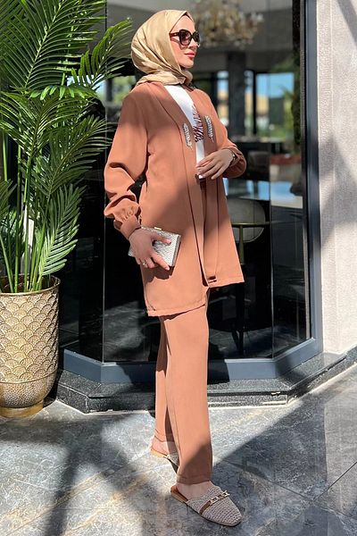 julude Camel Stone Embroidered Triple Set - Blouse, Jacket, Trousers, Hijab