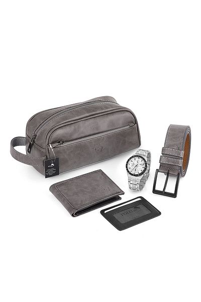Polo Air Men's Gray Wristwatch and Handbag Set - Wallet Belt and Card Holder Silver Pl-0892E6