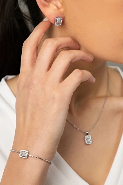 anadolusilver 925 Ayar Kadın Baget Taşlı Kolye Küpe Bileklik Set