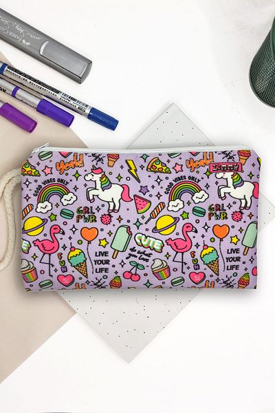 Limmy Purple Unicorn Flamingo Patterned Pencil Case Washable Cloth Pen Holder