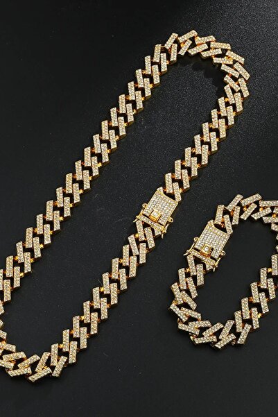 tesbihtane Gold Renk Cuban Chain Taşlı Kolye Bileklik Seti
