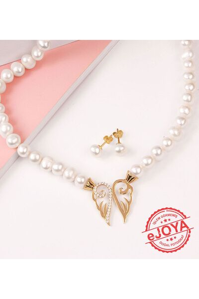 EJOYA Doğal İnci ve Altın Melek Kanadı Klips ve Küpe 74315