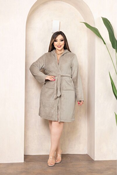 mervemoda Soft Plush Khaki Short Dressing Gown for Women