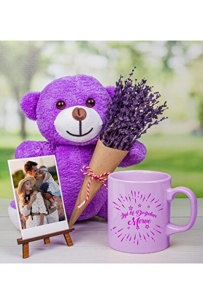 EJOYA Kişiye Özel Kupa & Fotoğraflık & Lavantalı Peluş Ayı Iyi Ki Doğdun Hedi...