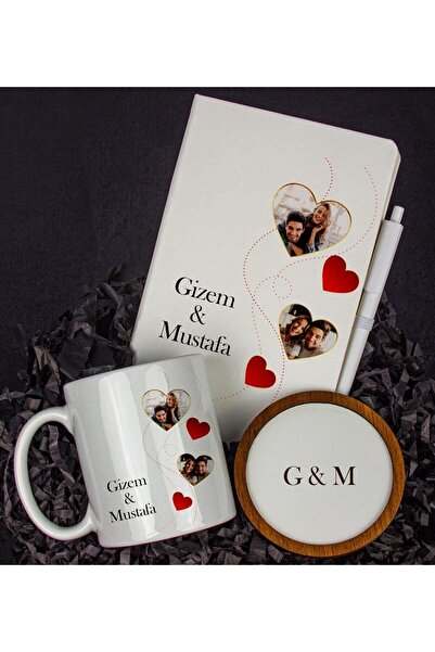 EJOYA Kişiye Özel Fotoğraf Baskılı Kalpli Defter Kalem Ve Kupa Set