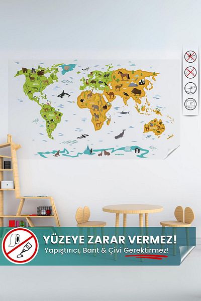 Pi Papers Transparent Colored Animal World Map, Non-Adhesive, Electrostatic Feature Smart Paper Map