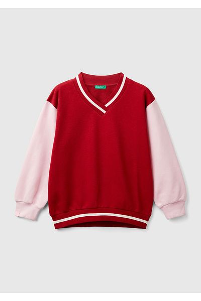 United Colors of Benetton Red V-Neck Sweatshirt - Girl, Ribbed Cuff, Contrast Color Detail