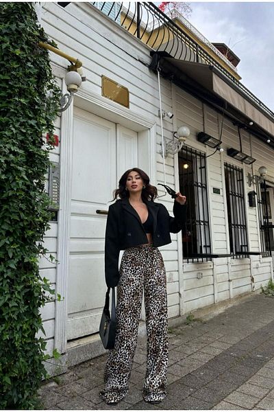LB Laluna Butik Pantaloni Palazzo din Satin cu Motiv Leopard - Talie elastică