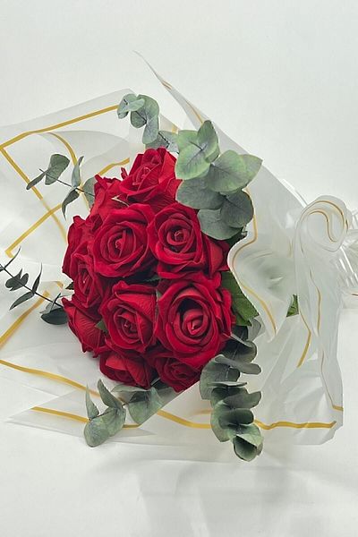 İklim Flowers Πραγματική εμφάνιση Ευκάλυπτος Διακοσμημένο Τεχνητό Βελούδινο Τριαντάφυλλο Κορίτσι Αιτηματική Μπουκέτο 11 Πακέτο Κόσμος 9