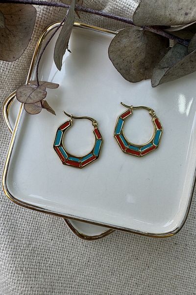 AURA ATELIER Steel Blue & Orange Enamel Hexagonal Earrings