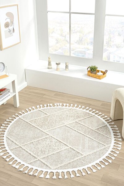 Eliz Home Krem Bej Yuvarlak Dokuma Halı Yolluk Antre Oturma Odası Salon Mutfa...