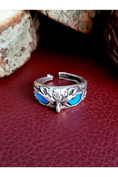 Antique Dolunay Antik Gümüş Kaplama El Yapımı Ayarlanabilir Cam Taşlı Mavi Gözlü Baykuş Şekilli Yüzük
