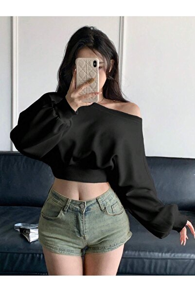 Wild Flower Hanorac negru cu mânecă lungă cu guler asimetric pentru femei Dazy - țesătură cu trei fire