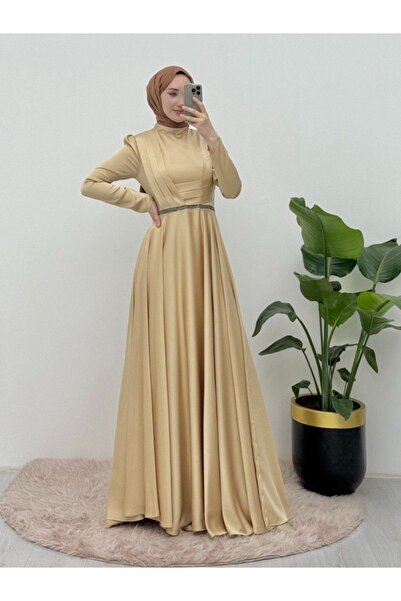 HİJABAYA Beli Plise Detaylı Önü Çift Kat Saten Abiye