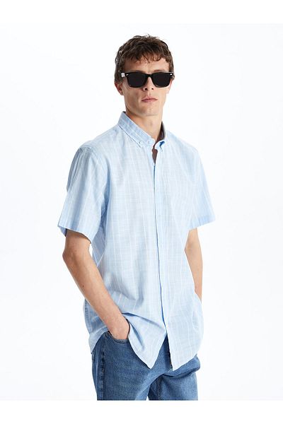 LC Waikiki Cămașă pentru bărbați slim fit cu model în carouri din popelin - mânecă scurtă