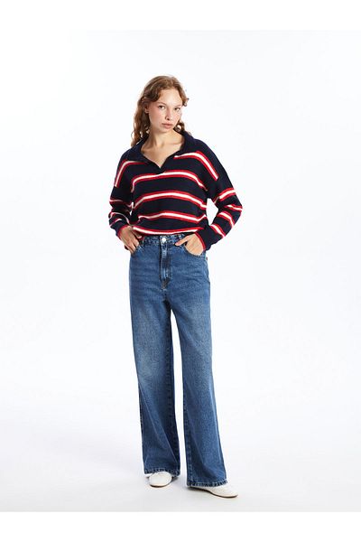LC Waikiki Γυναικείο πλεκτό πουλόβερ Polo Neck ριγέ Oversize - W4hp93z8