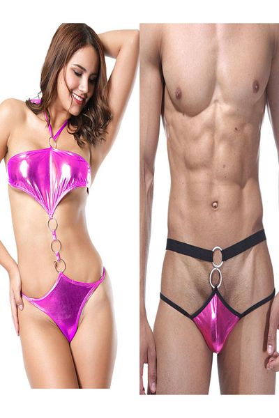ŞAHANE İÇ GİYİM Sexy Pink Lame Babydol and String Set with Fancy Front Ring Special for Couples