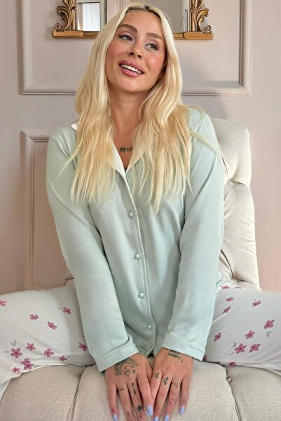 Pijamaevi Mint Flowers Desenli Termal Önden Düğmeli Kadın Pijama Takımı