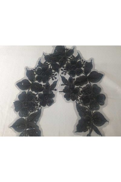 ESRA ŞELEM Black Bead Embroidered Lace Embroidery Guipure Applique Decorative Ribbon Accessory Hobby 2Pcs