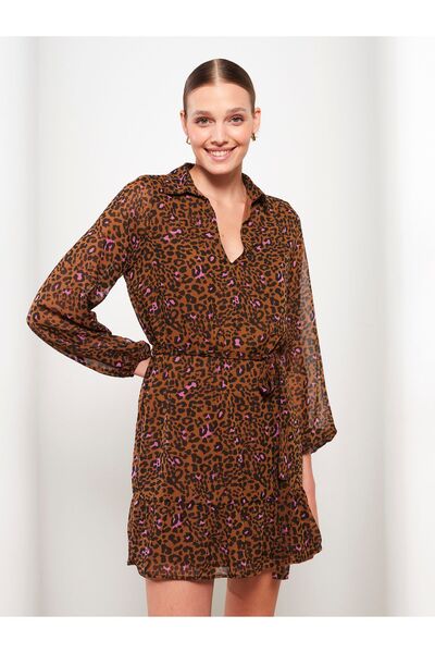 LC Waikiki Gemustertes, langärmliges Chiffon-Damenkleid mit Hemdkragen