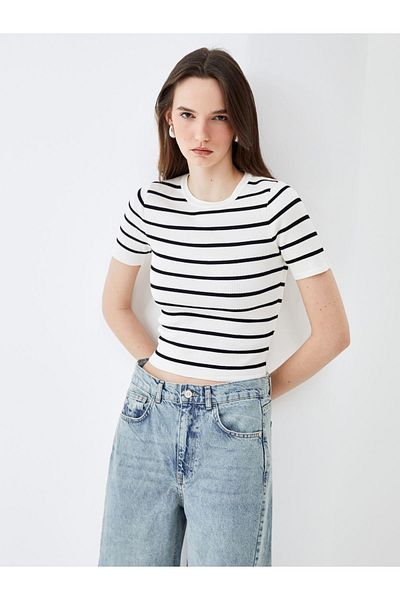 LC Waikiki Striped Crew Neck Women's Knitwear Sweater - Short Sleeve