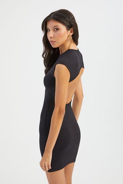 Hiccup Back Cutout Detail Crew Neck Short Sleeve Mini Size Sitting Dress