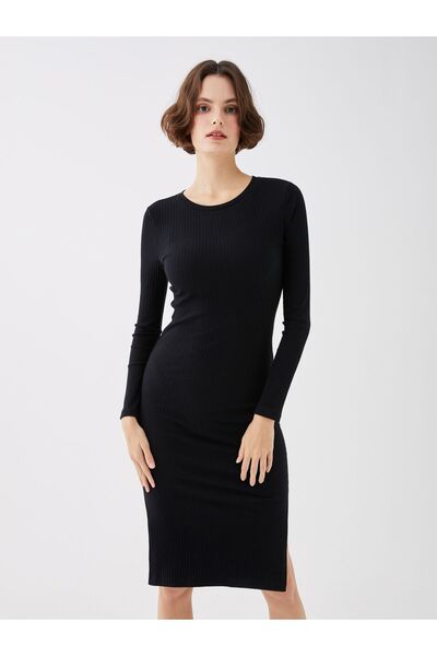 LC Waikiki Women's Bodycon Dress - Crew Neck, Solid Long Sleeve