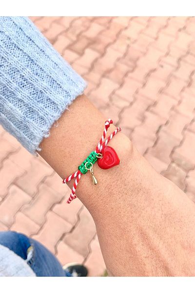 Atelier Çağla Red and White New Year Marteniçka Lucky Bracelet with Heart