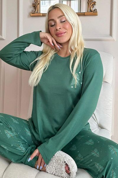 Pijamaevi Green Pine Patterned - Women's Thermal Pajama Set