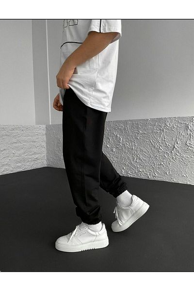 THE WHITE Μαύρο 2 νήματα Καλοκαιρινό Oversize Λαστιχένιο πόδι αθλητικό παντελόνι