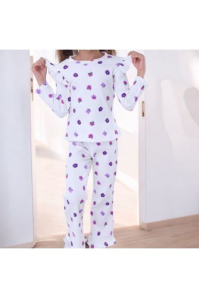 Lolliboomkids Ecru Purple Floral Patterned Girl's Pajama Set - Long and Ruffle Sleeve