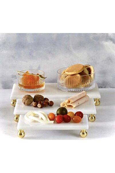 MIARIK DESIGN & DEKORASYON Dekoratif Beyaz Mermer 3lü Dikdörtgen Gold Top Aya...