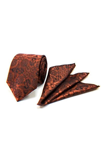 VENCHY Taba Siyah Etnik Desen Mendilli Kravat