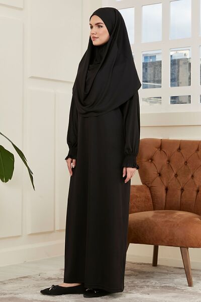 AVVER Kadın Kol Detaylı Namaz Elbisesi Tek Parça Kendiliğinden Başörtülü