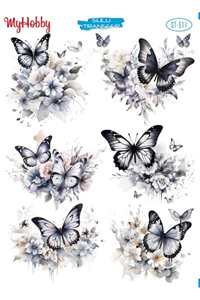 MyHobby ST 511 Siyah, Gri, Kelebek Desenli Sulu Transfer 25*35 cm