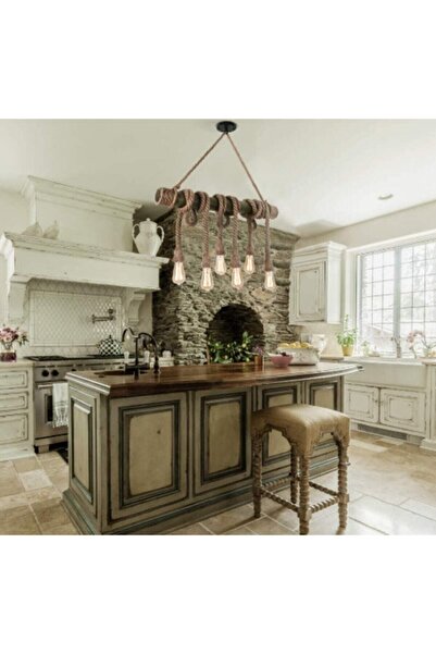 AhşapSepeti Dekoratif Bambu Avize 6 Lı Rustik Halat Sarkıt Avize Ahşap Avize