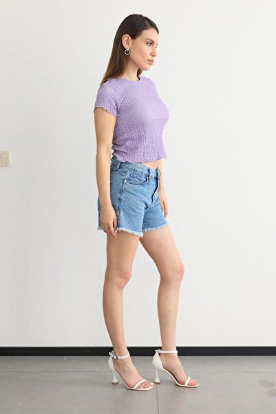 Hiccup Dokuma Bisiklet Yaka Kısa Kollu Crop Top