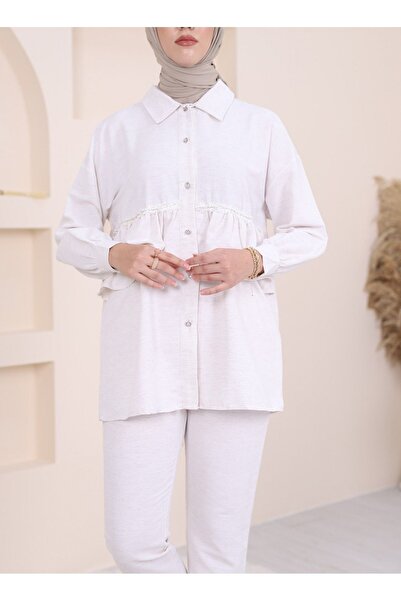 HİJABAYA Linen Double Suit - with Stones on the Waist and Ruffle Detail