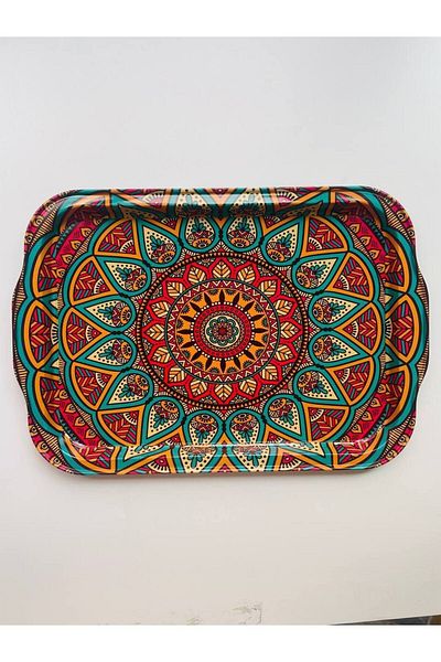 GALATA GIFT Metal Tea Tray, Kilim Patterned, Stylish Presentation Tray 32*22cm
