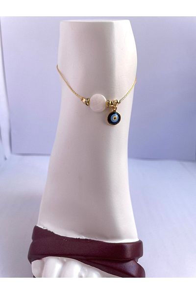 NiceandBonita Stylish Ring with White Stone, Evil Eye Bead and Gold Chain