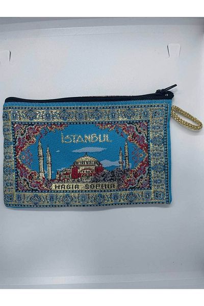 GALATA GIFT Portofel de damă cu model tradițional, icoane din Istanbul imprimate aurit, cu fermoar, 16x10cm