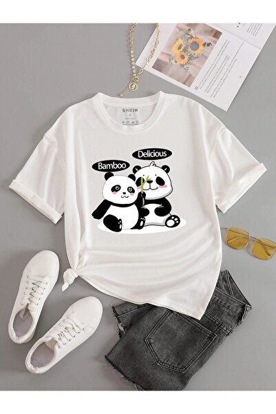 Altamira Tricou unisex alb cu imprimeu panda din bambus, supradimensionat, cu...