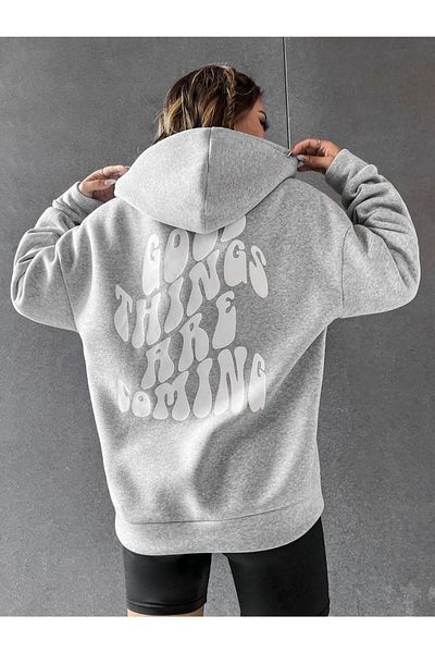 Altamira Unisex Gray Good Things Back Printed Oversize Hooded Sweatshirt