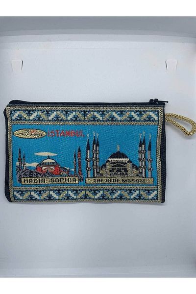 GALATA GIFT Portofel de damă cu model tradițional, icoane din Istanbul imprimate aurit, cu fermoar, 16x10cm