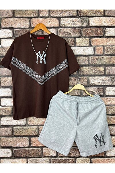 Altamira Ανδρικό καφέ σετ μπλουζάκι και σορτς NY με τύπωμα